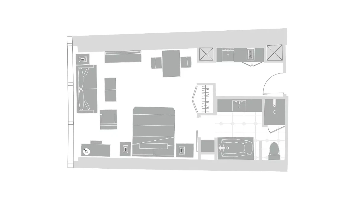 Studio Suite Floor Plan at Vdara Hotel and Spa at Aria Las Vegas.