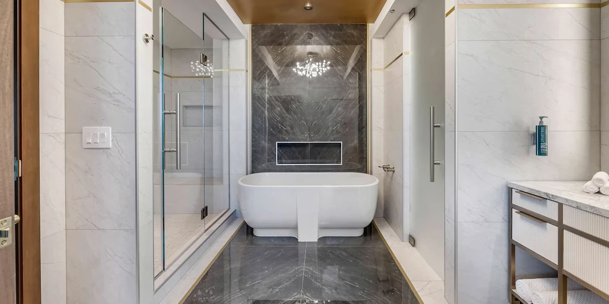 Premium One Bedroom One King Suite With Balcony Bathroom at Hilton Club Elara Las Vegas.