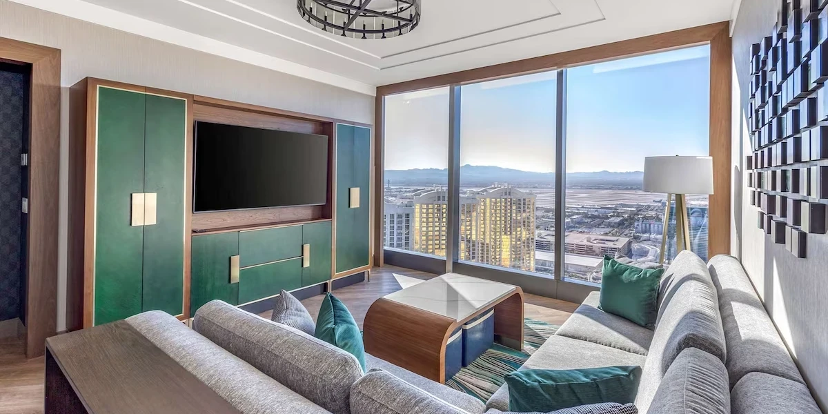 Premium One Bedroom One King Suite Living Area at Hilton Club Elara Las Vegas.