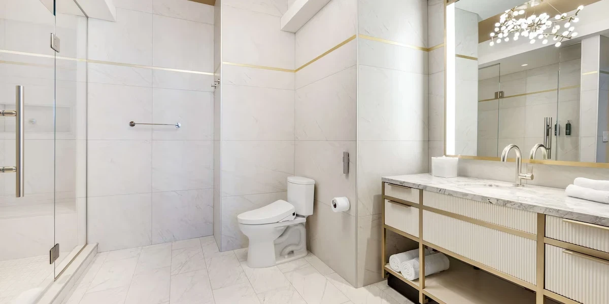 Premium One Bedroom One King Suite Bathroom at Hilton Club Elara Las Vegas.