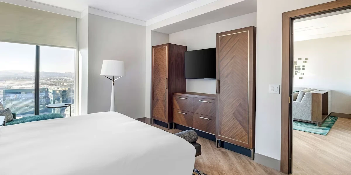 Premium One Bedroom One King Suite Bedroom at Hilton Club Elara Las Vegas.