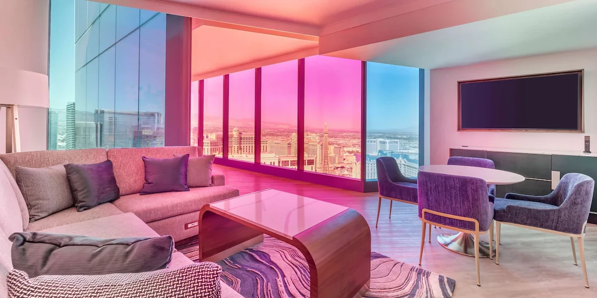 Two Bedroom Two King Entertainment Plus Suite Living Area at Hilton Club Elara Las Vegas.