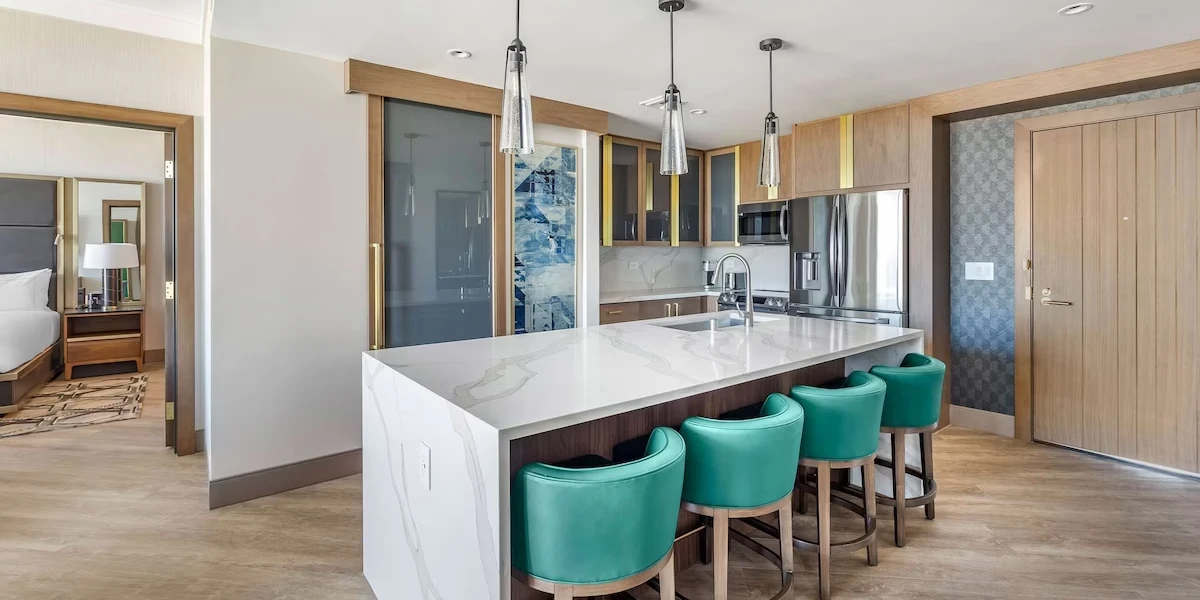 Two Bedroom Two King Entertainment Suite Kitchen at Hilton Club Elara Las Vegas.