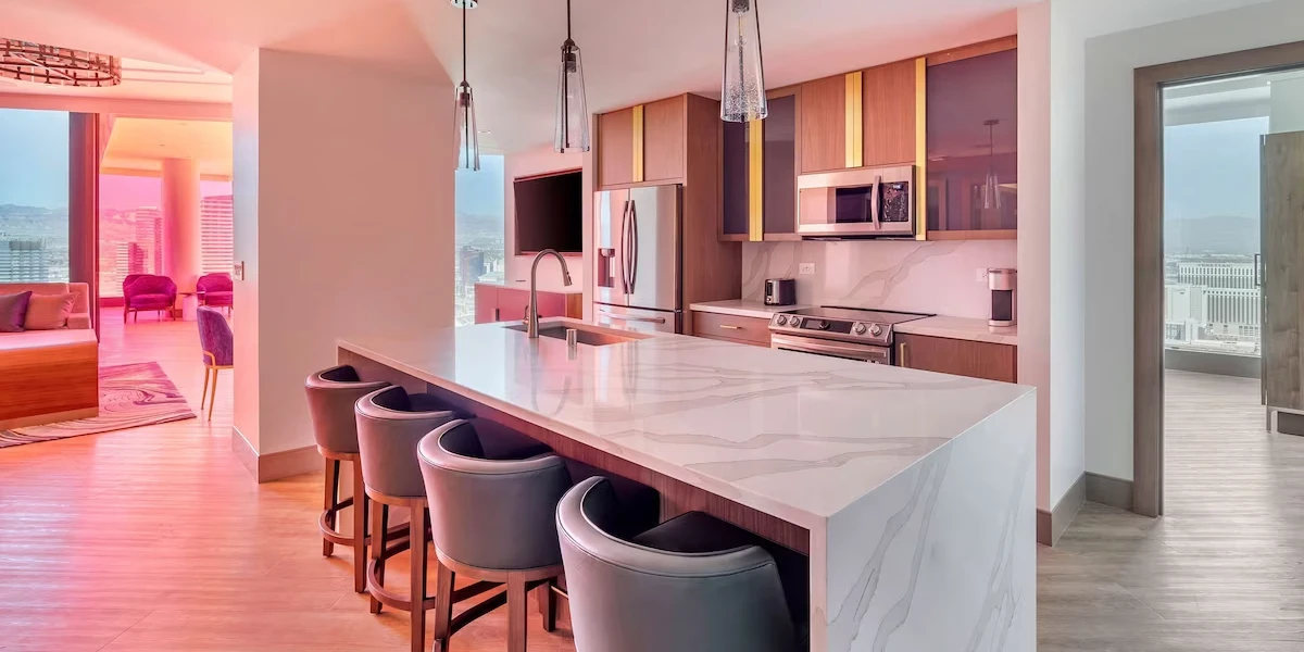 Two Bedroom Two King Entertainment Plus Suite Kitchen at Hilton Club Elara Las Vegas.