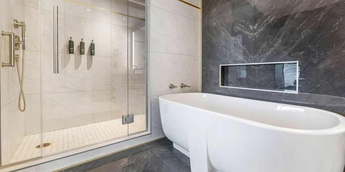 Two Bedroom Two King Entertainment Plus Suite Bathroom at Hilton Club Elara Las Vegas.