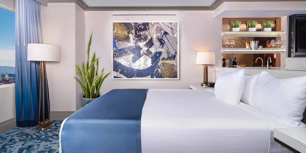 Elevated Tower Suite Bedroom at The Strat Hotel Casino Tower Las Vegas.
