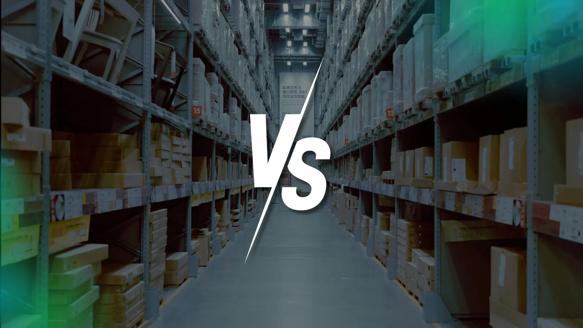 Comparison visual showing two contrasting warehouse aisles to represent AI-driven supply chain management software differences