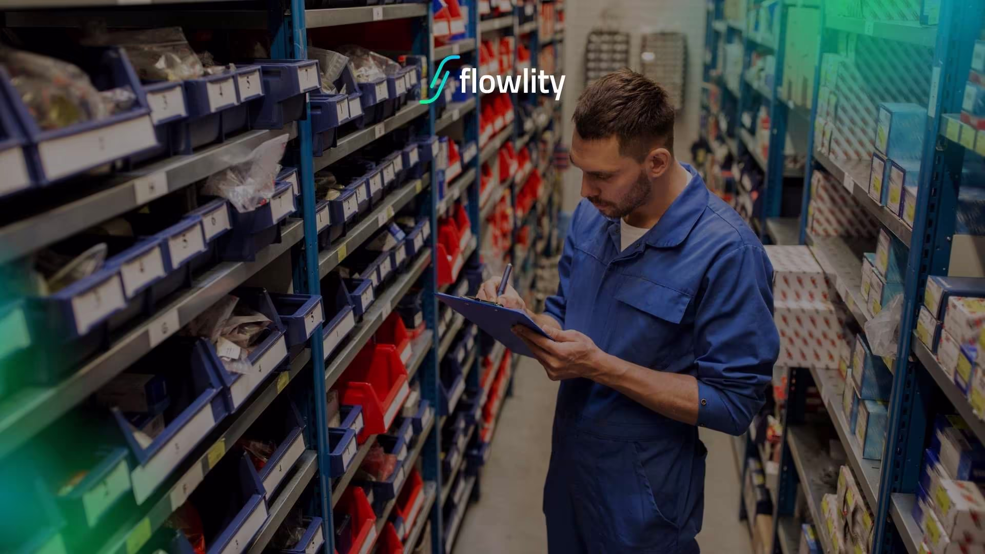 Warehouse technician checking spare parts stock levels during inventory control operations