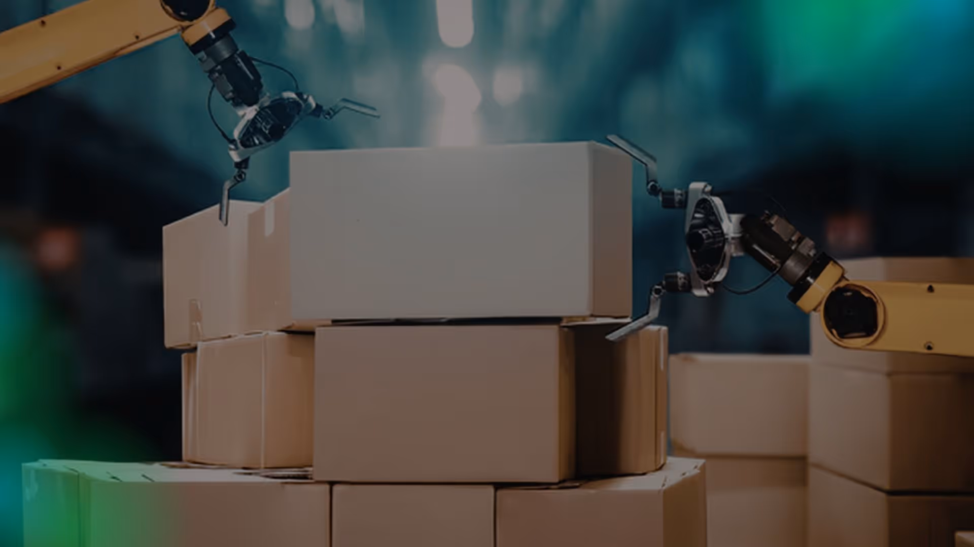 Automated robotic arms handling boxes in a smart warehouse, illustrating the shift from efficient vs responsive Supply Chain trade-offs to AI-driven planning.