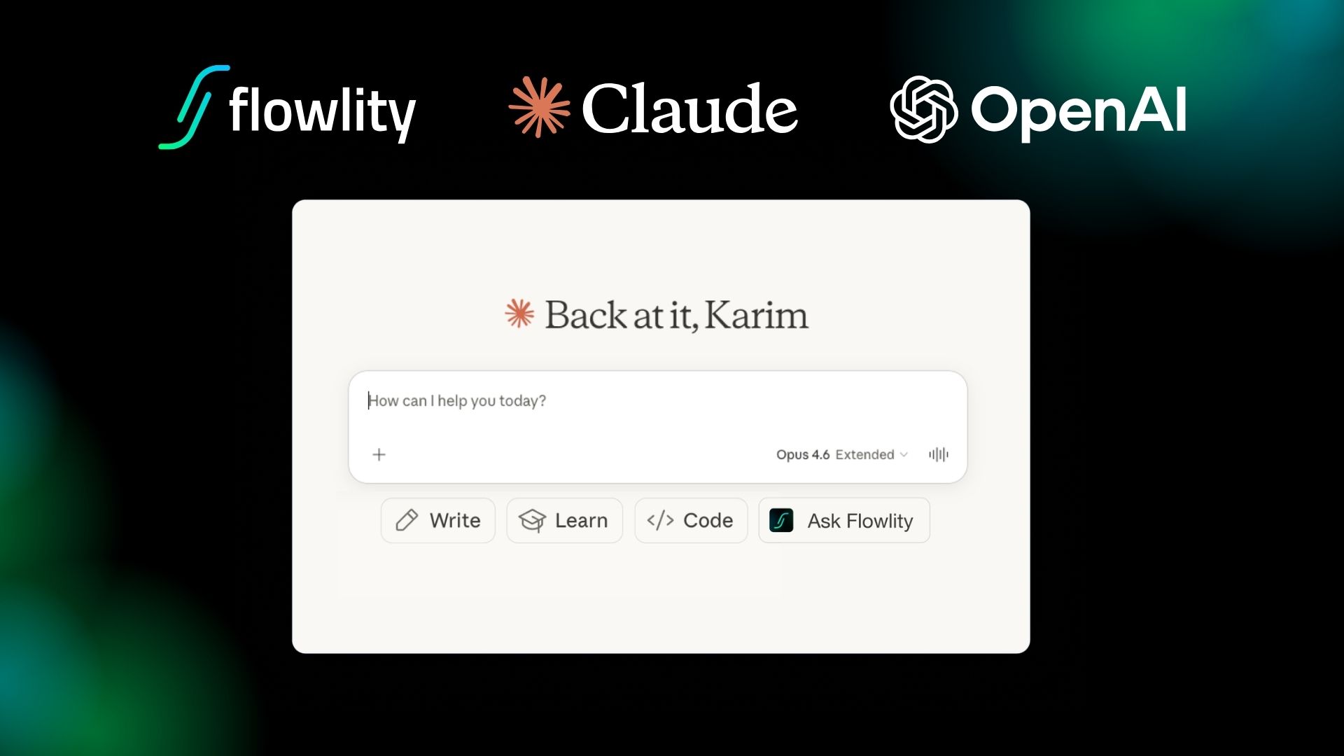 Flowlity, Claude, and OpenAI logos above a conversational AI interface welcoming a Supply Chain user, illustrating Flowlity Co-planner integration with leading AI assistants
