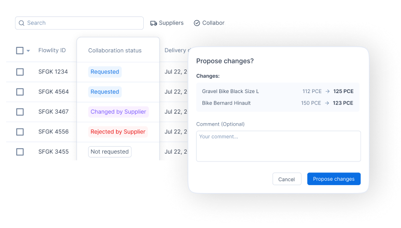 Flowlity screenshot of vendor-managed inventory, where suppliers propose order changes in a shared collaboration view