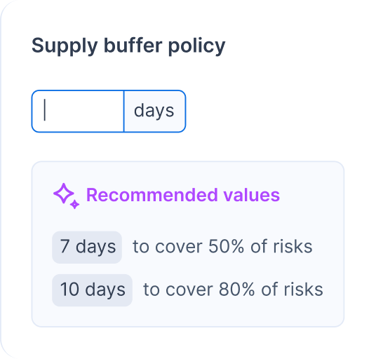 Flowlity screenshot of a risk-weighted supply buffer policy, with more days of cover for a higher level of risk protection