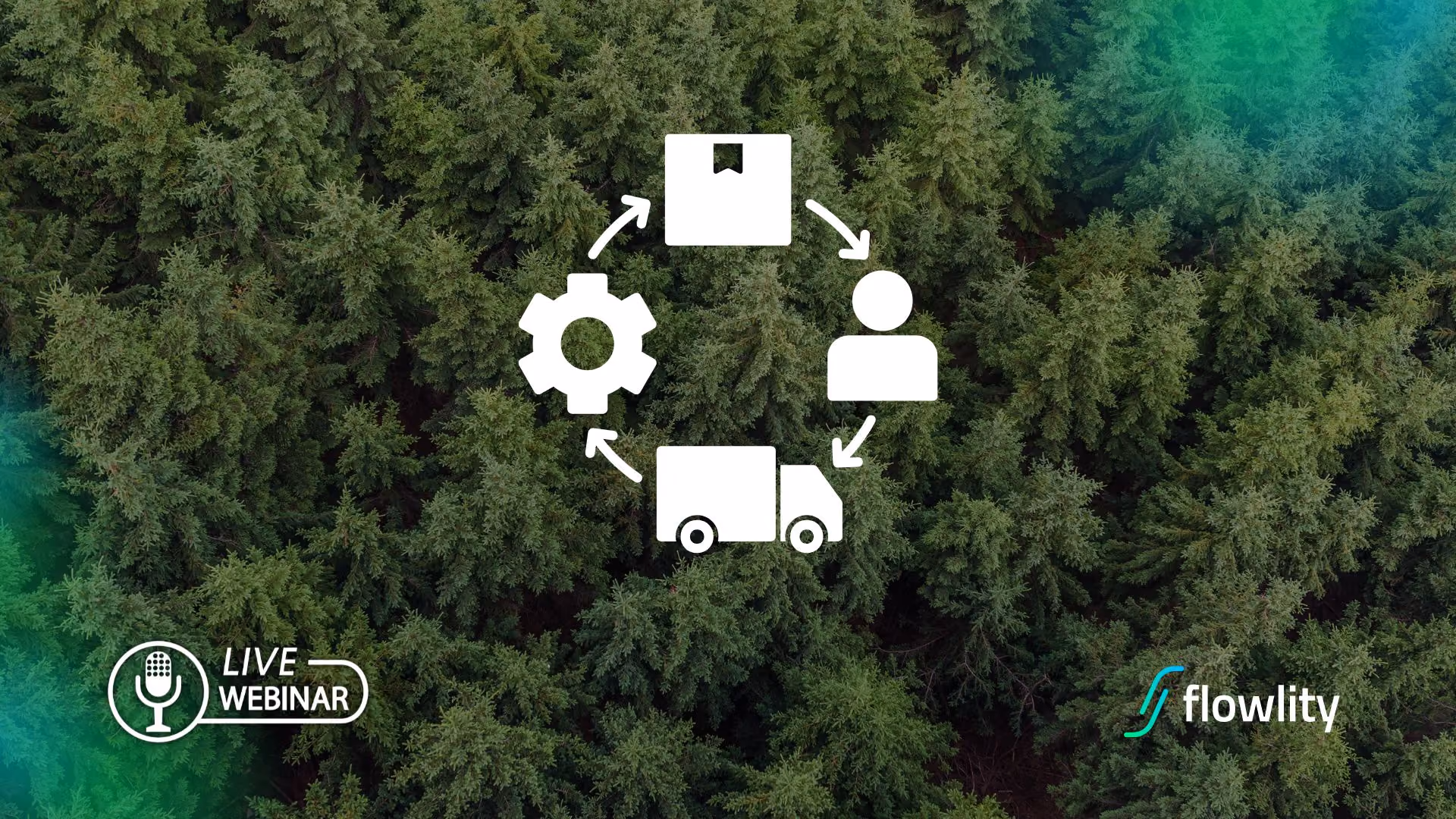 Webinar on green and sustainable Supply Chain management, showing a production, delivery and reuse loop over an aerial forest