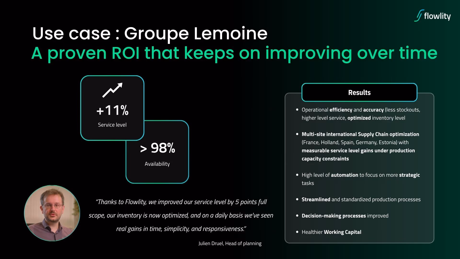 Groupe Lemoine inventory optimization results with Flowlity: +11% service level, above 98% availability, and Julien Druel testimonial on multi-site Supply Chain gains