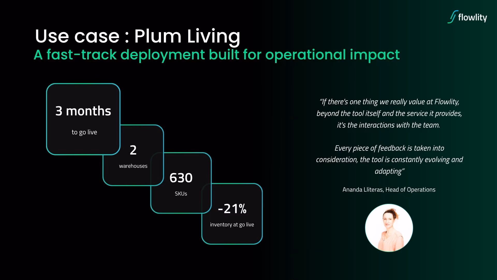 Plum Living fast-track Flowlity deployment, live in 3 months across 2 warehouses and 630 SKUs with a 21% inventory reduction at go-live