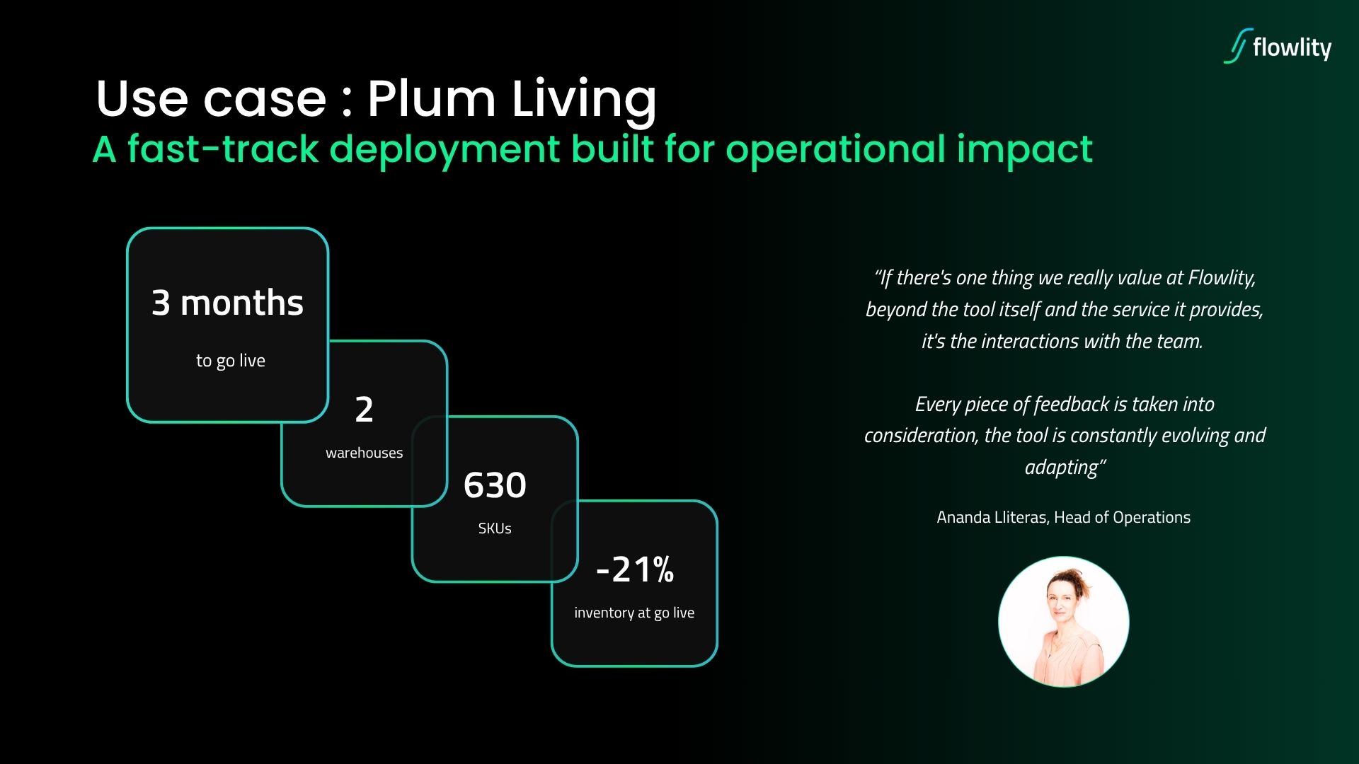 Plum Living fast-track Flowlity deployment, live in 3 months across 2 warehouses and 630 SKUs with a 21% inventory reduction at go-live