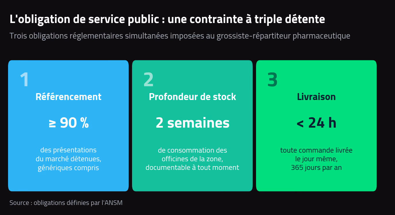 les trois obligations de service public qui structurent la supply chain d'un grossiste-répartiteur pharmaceutique : référencement 90 %, deux semaines de stock, livraison en 24 h.