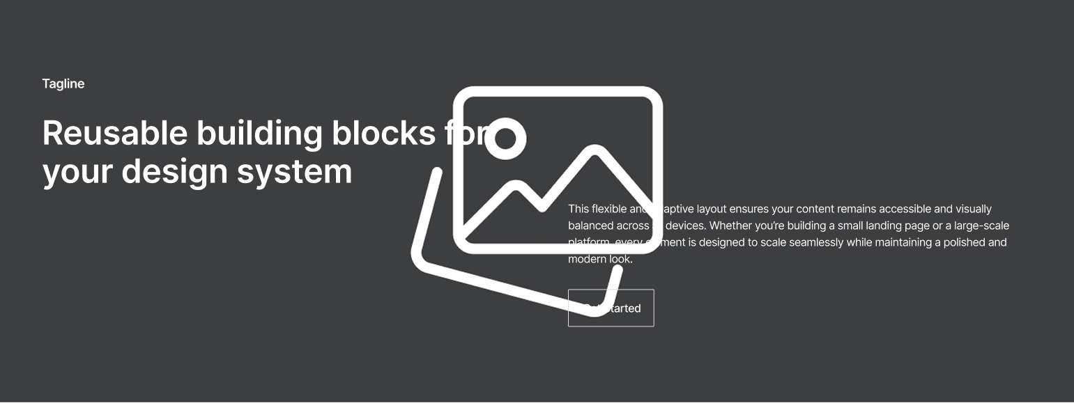 Fullscreen Webflow component with centered hero image icon, headline, description, and CTA on dark background