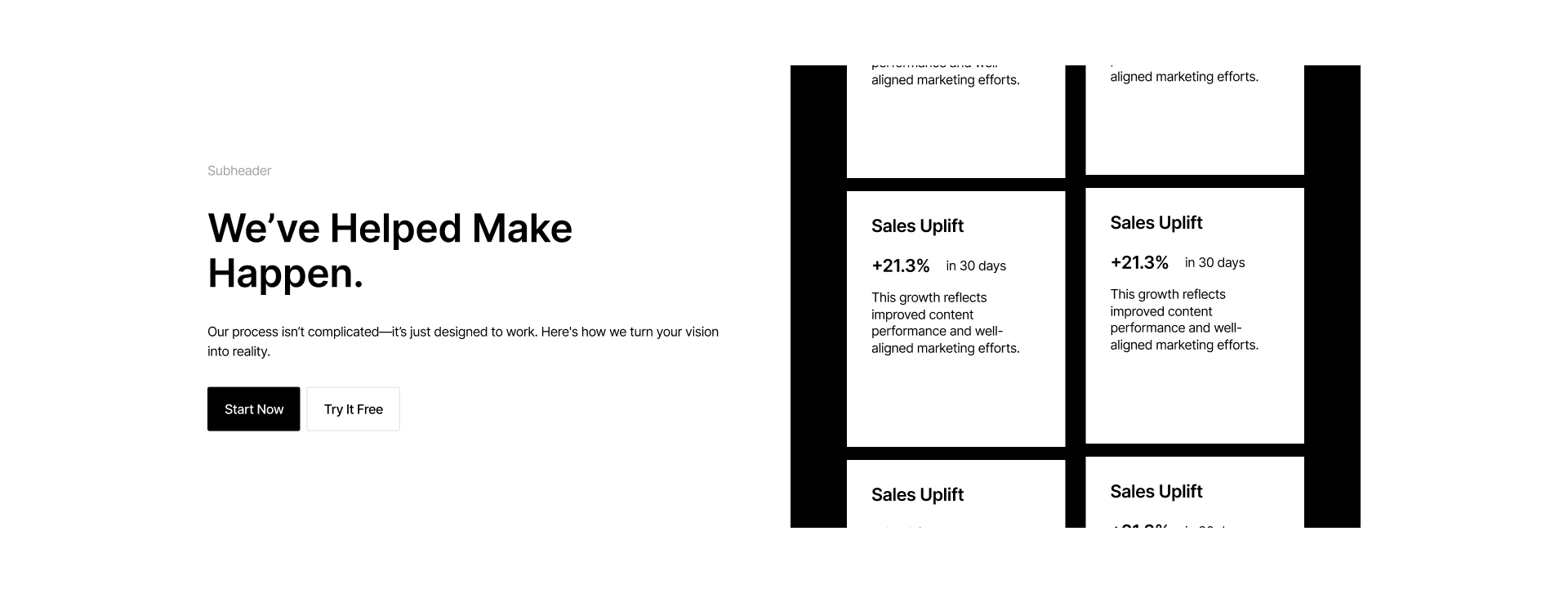 Animated Webflow CTA component with sales uplift data cards and call-to-action section