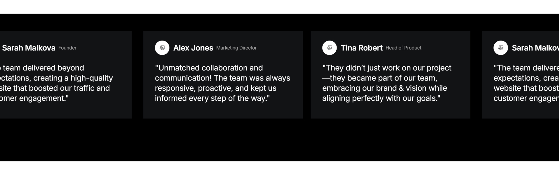 Animated testimonial carousel showing client reviews about Free Webflow Components, highlighting responsive design, brand alignment, and customer engagement improvements.