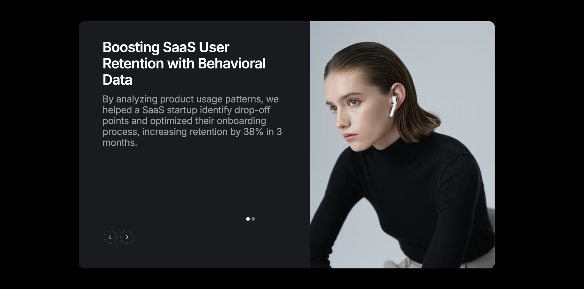 Webflow component: Testimonial slide with photo of a woman and a case study about boosting SaaS user retention using behavioral insights.