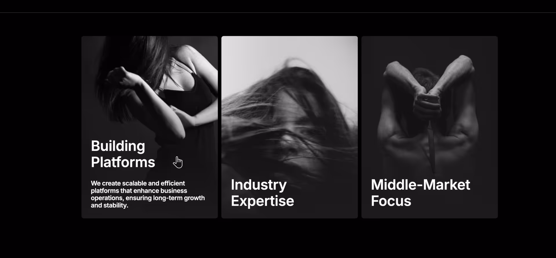 Three-column Webflow component with black-and-white portraits.