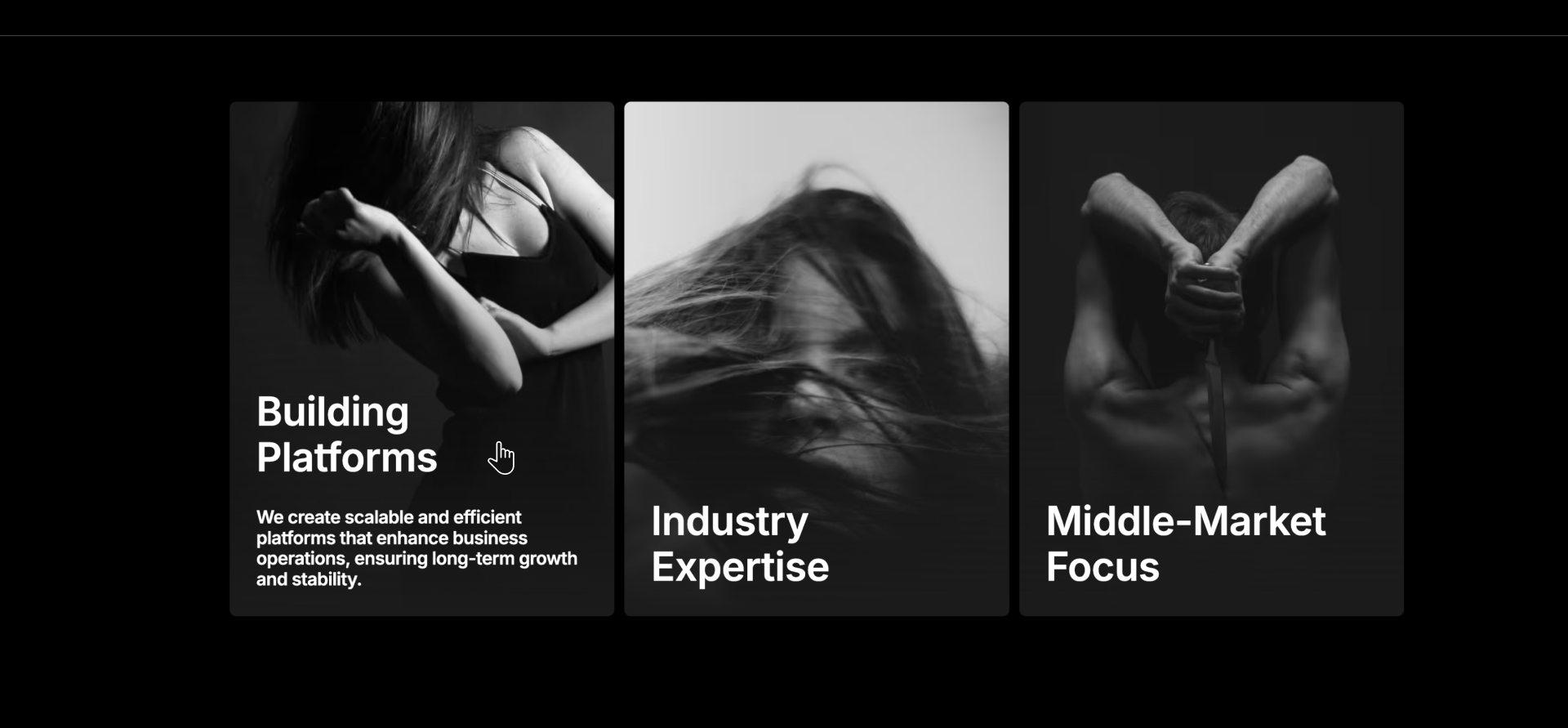 Three-column Webflow component with black-and-white portraits.