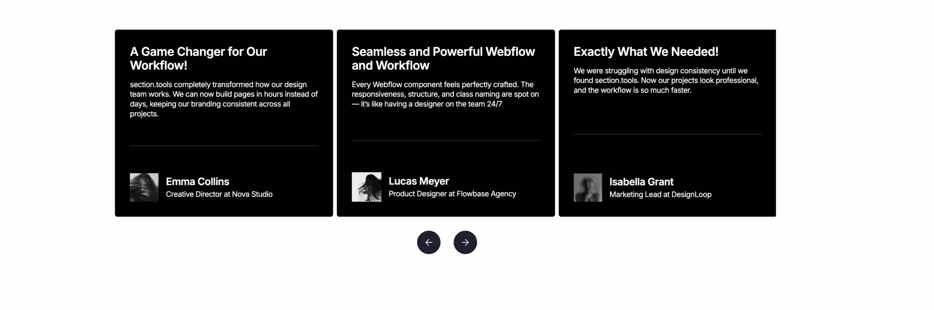 Testimonial slider Webflow component featuring client reviews about section.tools, including feedback from creative professionals on improved design workflow, Webflow components quality, and branding consistency