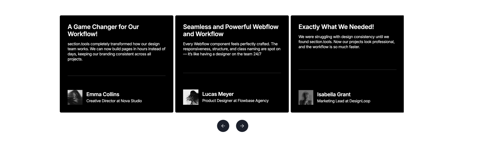 Testimonial slider Webflow component featuring client reviews about section.tools, including feedback from creative professionals on improved design workflow, Webflow components quality, and branding consistency