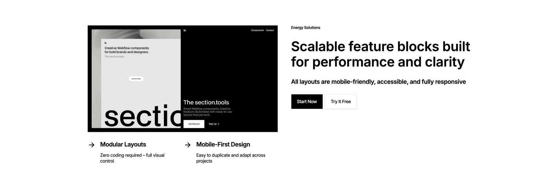 scalable Webflow component with modular and mobile-first layout highlights