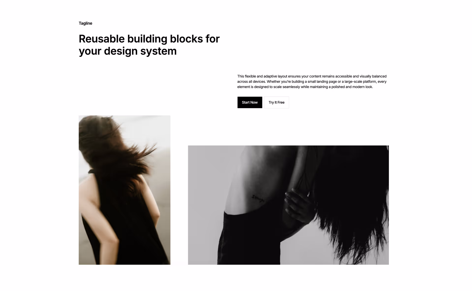 Webflow features layout with headline, description, dual CTA buttons, and two visual blocks in vertical and horizontal formats