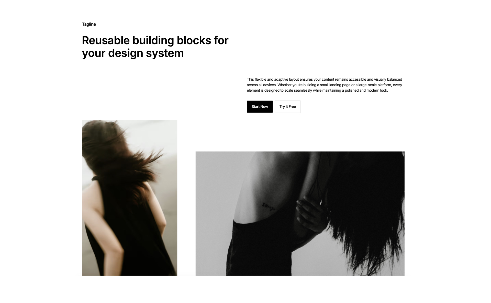 Webflow features layout with headline, description, dual CTA buttons, and two visual blocks in vertical and horizontal formats