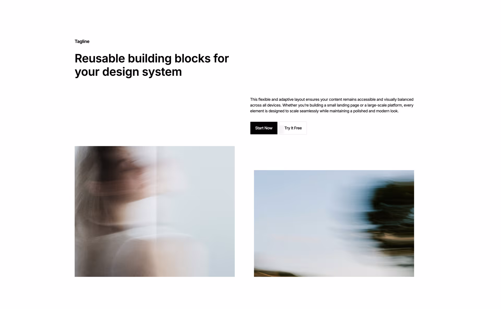 Webflow features section with bold headline, supporting paragraph, two CTA buttons, and two image placeholders for visual content