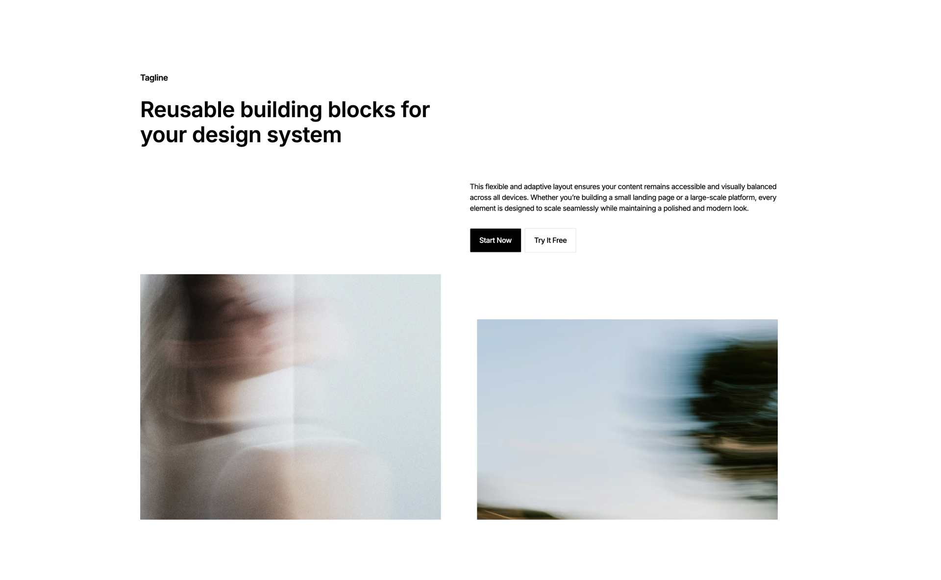Webflow features section with bold headline, supporting paragraph, two CTA buttons, and two image placeholders for visual content
