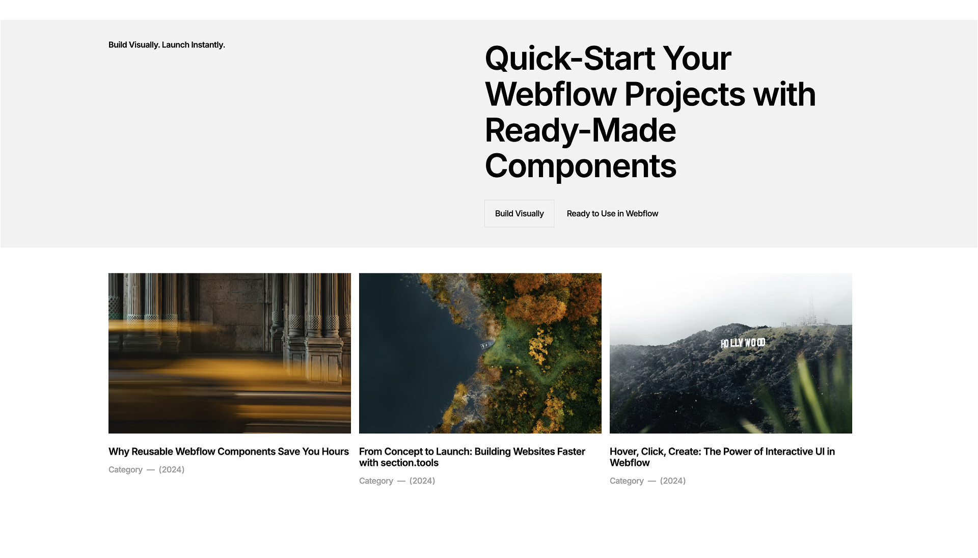 Blog section showing featured articles about Webflow components and design — including a blurred motion image representing creativity and speed in web design