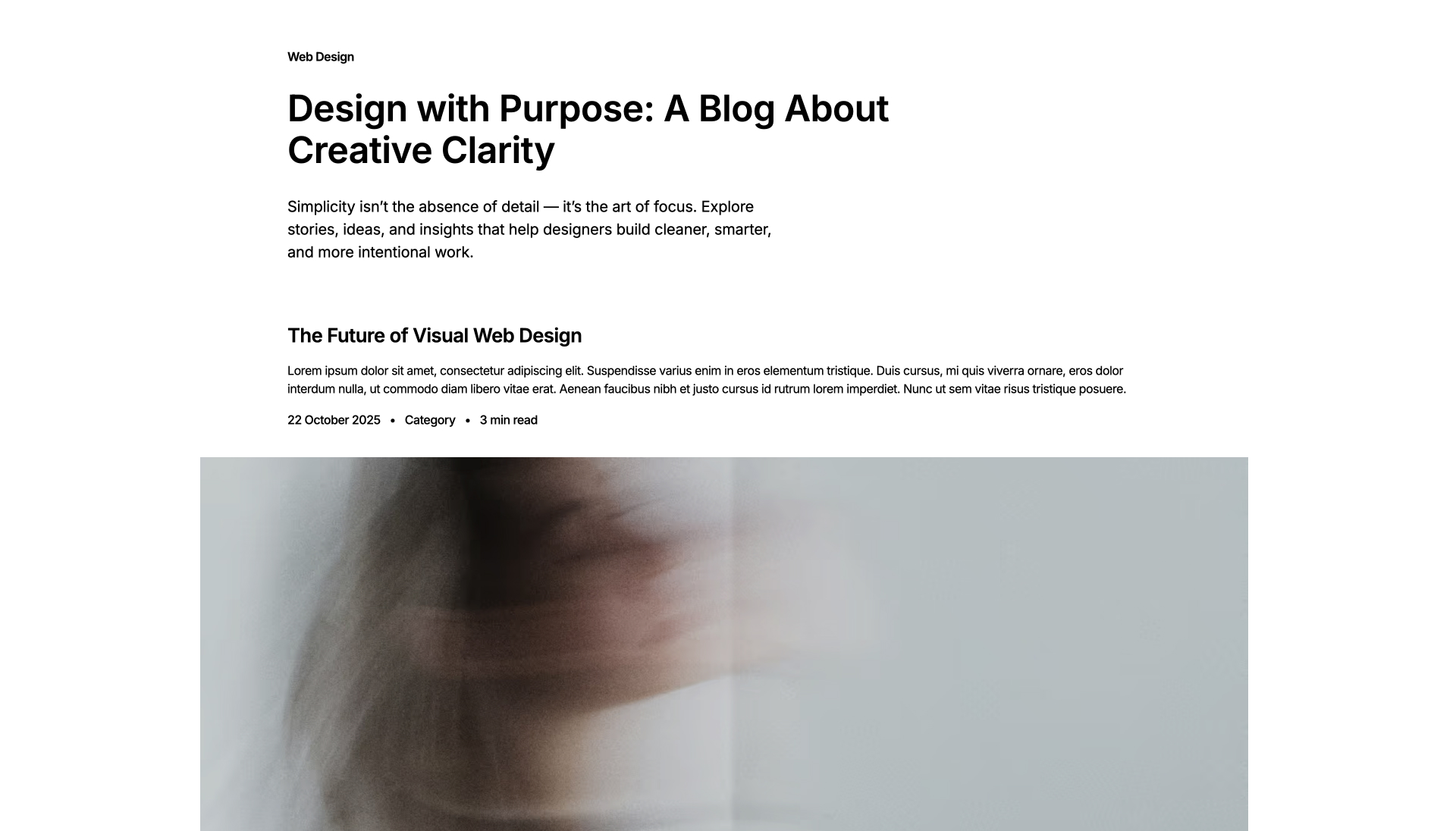Clean Webflow blog layout showcasing minimal design and typography — featuring an article about creative clarity and the future of visual web design, built with section.tools components.