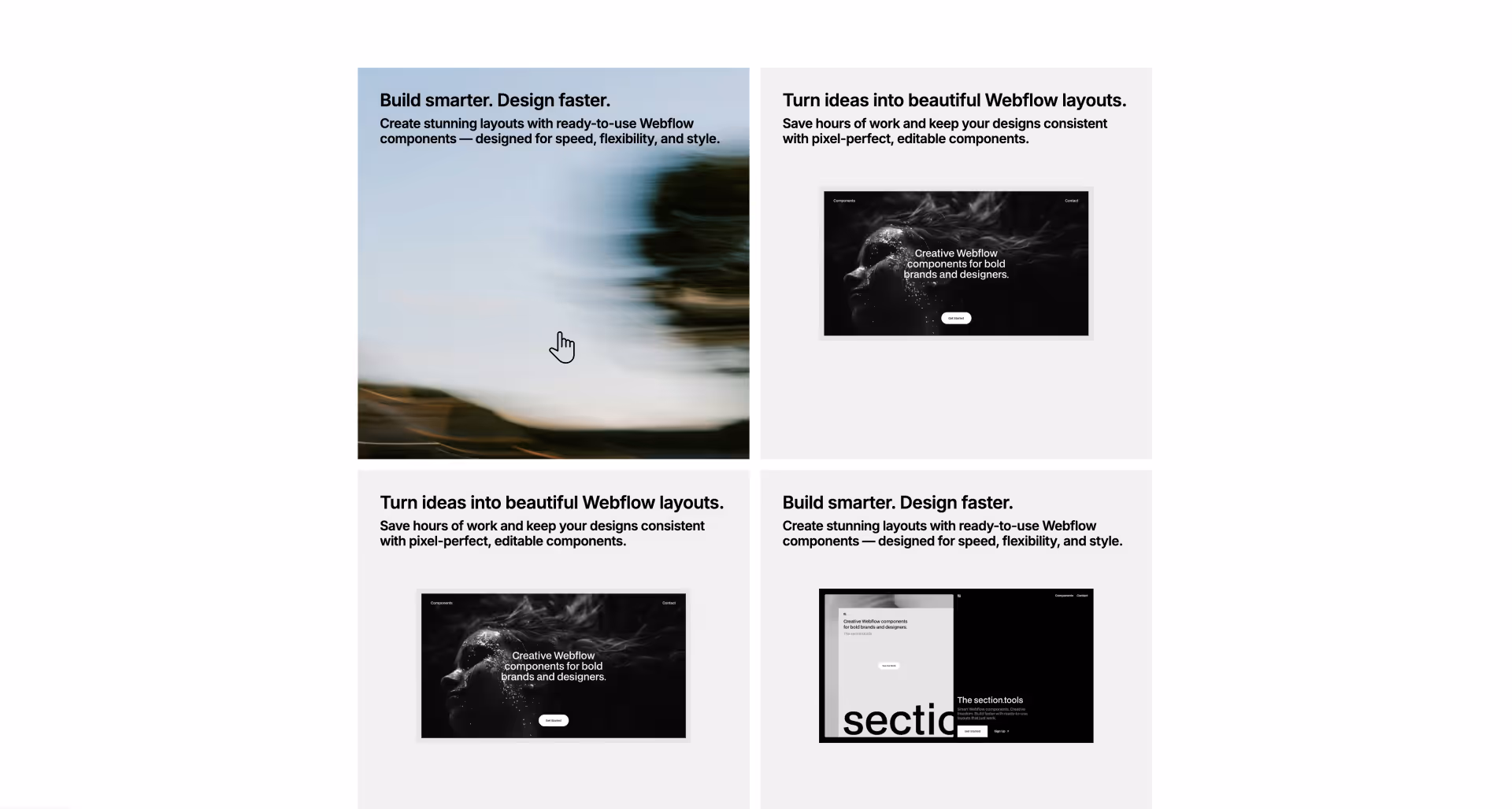Interactive Webflow feature cards showing hover animation with preview images of section.tools components, demonstrating modern layout design and smooth hover transitions.”