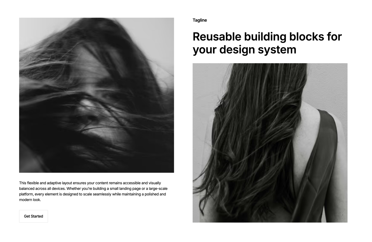 Webflow component with dual image blocks and central content section featuring heading, paragraph and CT