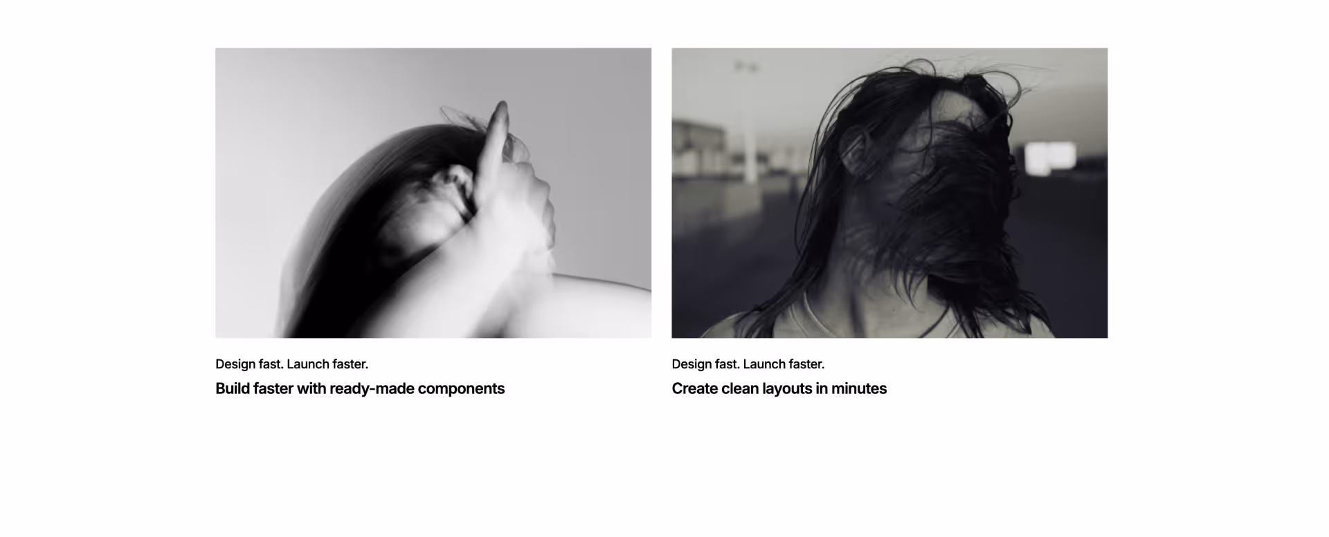 Two dark Webflow cards with image icons, title, and arrow button, highlighting fast and clean UI building