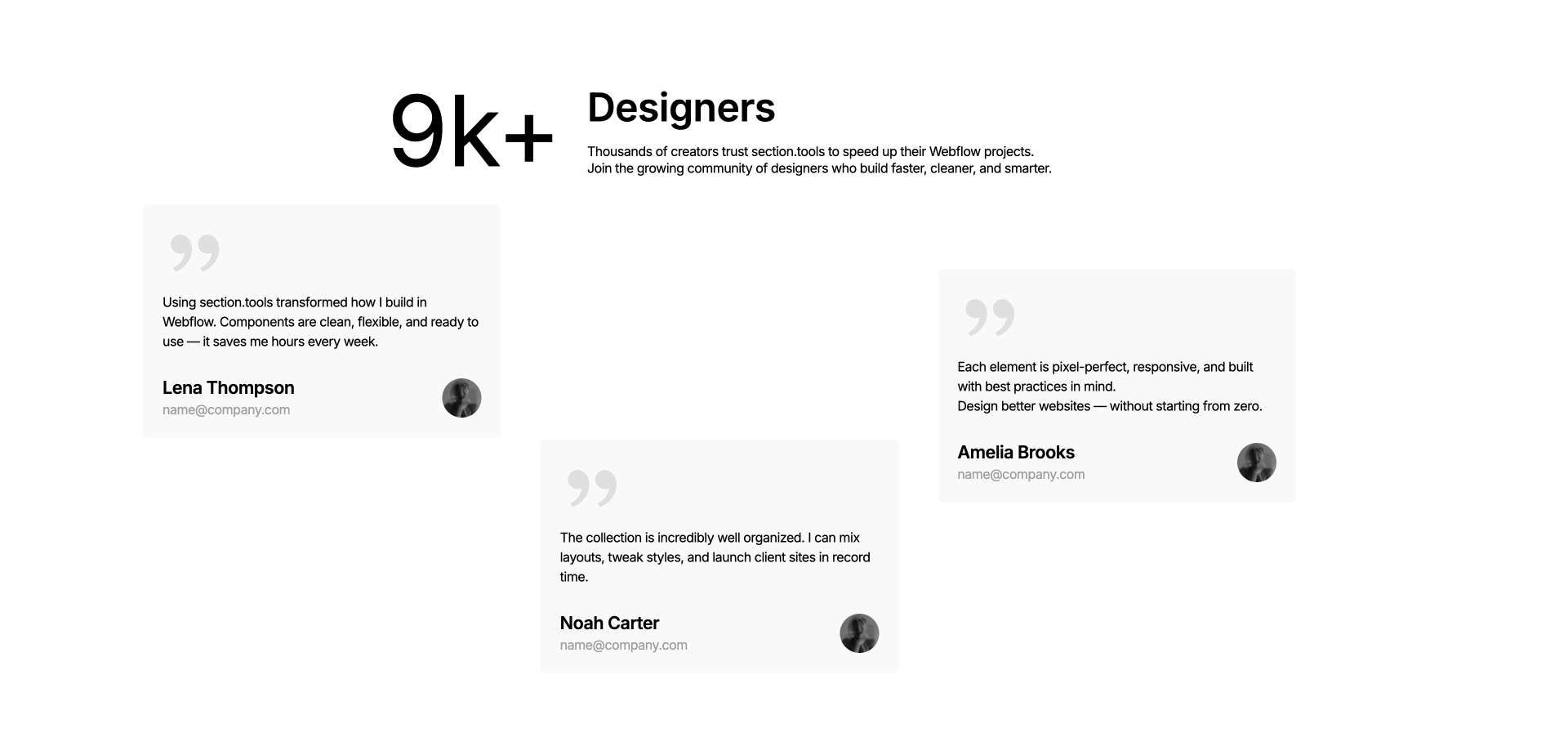 Testimonials section showing three designer reviews praising section.tools for helping them build Webflow projects faster and more efficiently. Includes quotes from Lena Thompson, Noah Carter, and Amelia Brooks, along with a counter reading “9k+ Designers