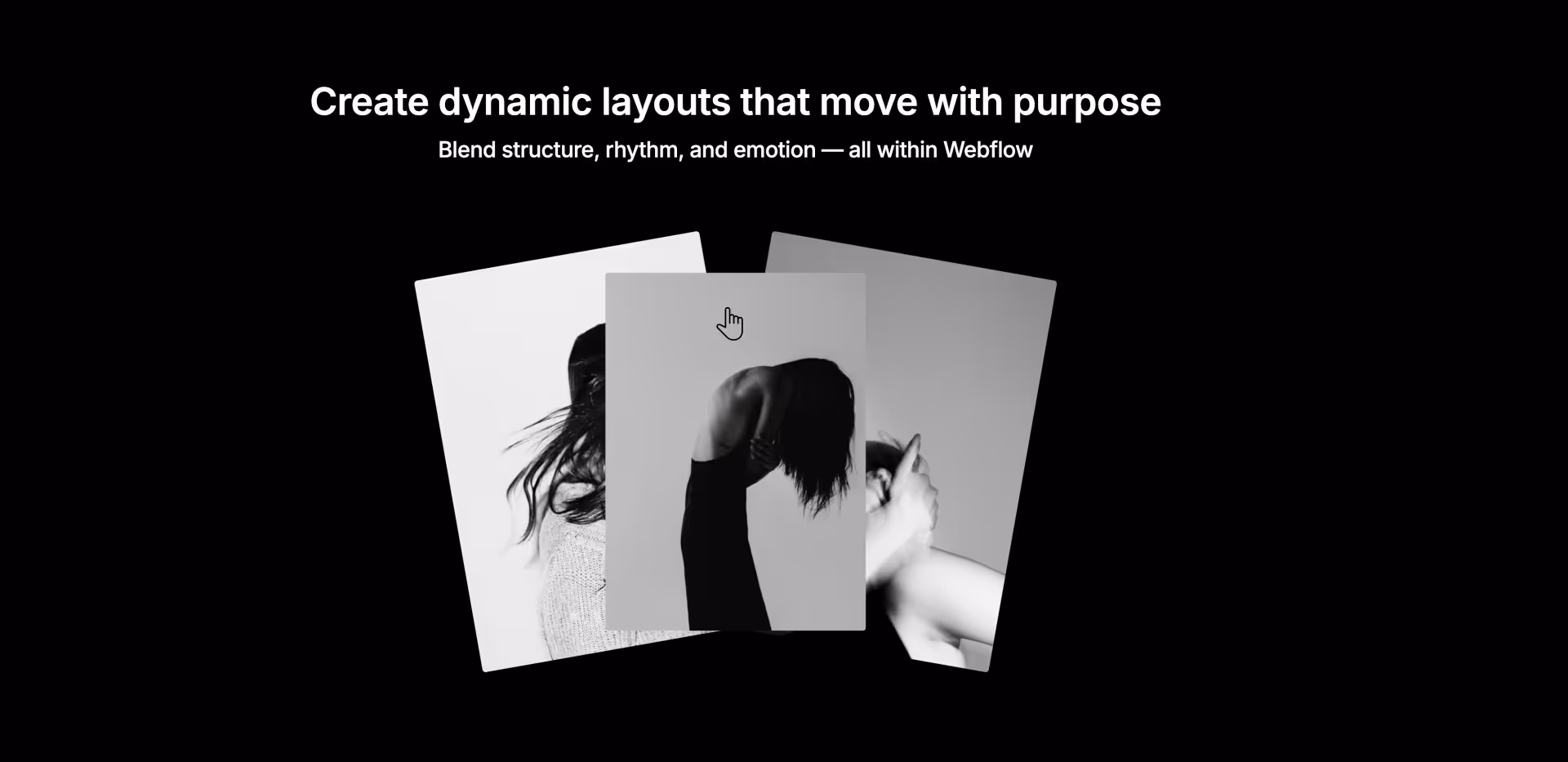 Webflow component - three overlapping black-and-white portraits on dark background — creative hero section.