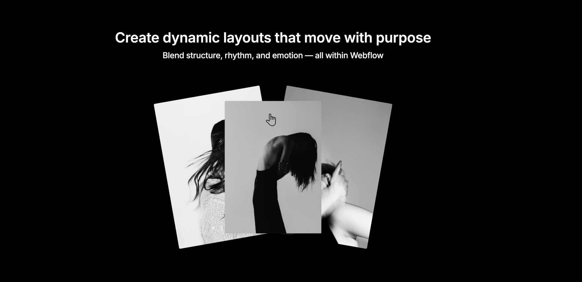 Webflow component - three overlapping black-and-white portraits on dark background — creative hero section.