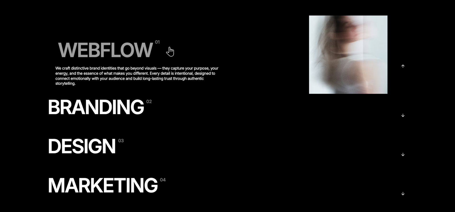 Minimal black layout featuring Webflow components with motion image