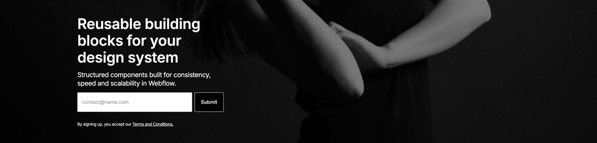 Dark header with title, email form, and image icon – Webflow component