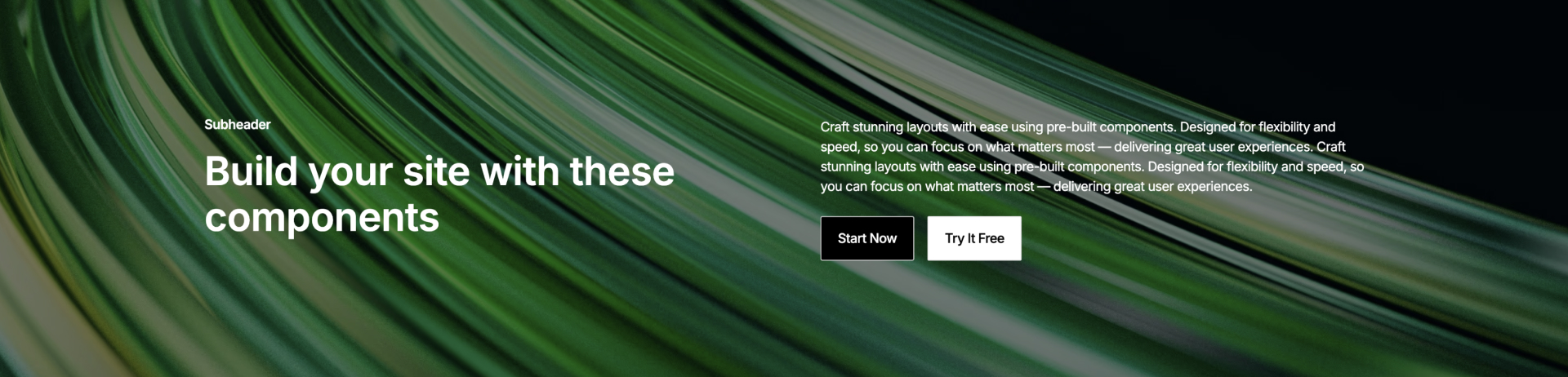 Header 12 Webflow component with large headline, subtext, image and dual CTA buttons on dark background.