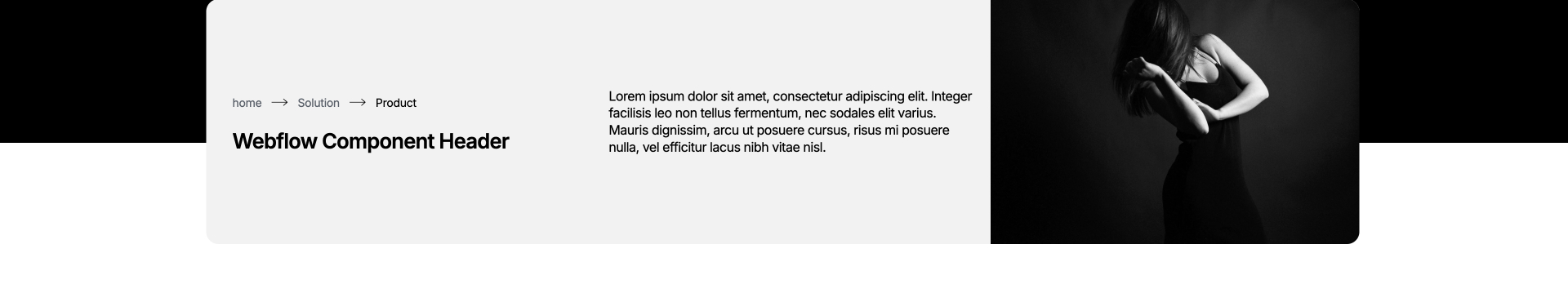 Minimal breadcrumb navigation with Webflow component header and placeholder text for product description. Clean layout with light gray background and image placeholder on the right.