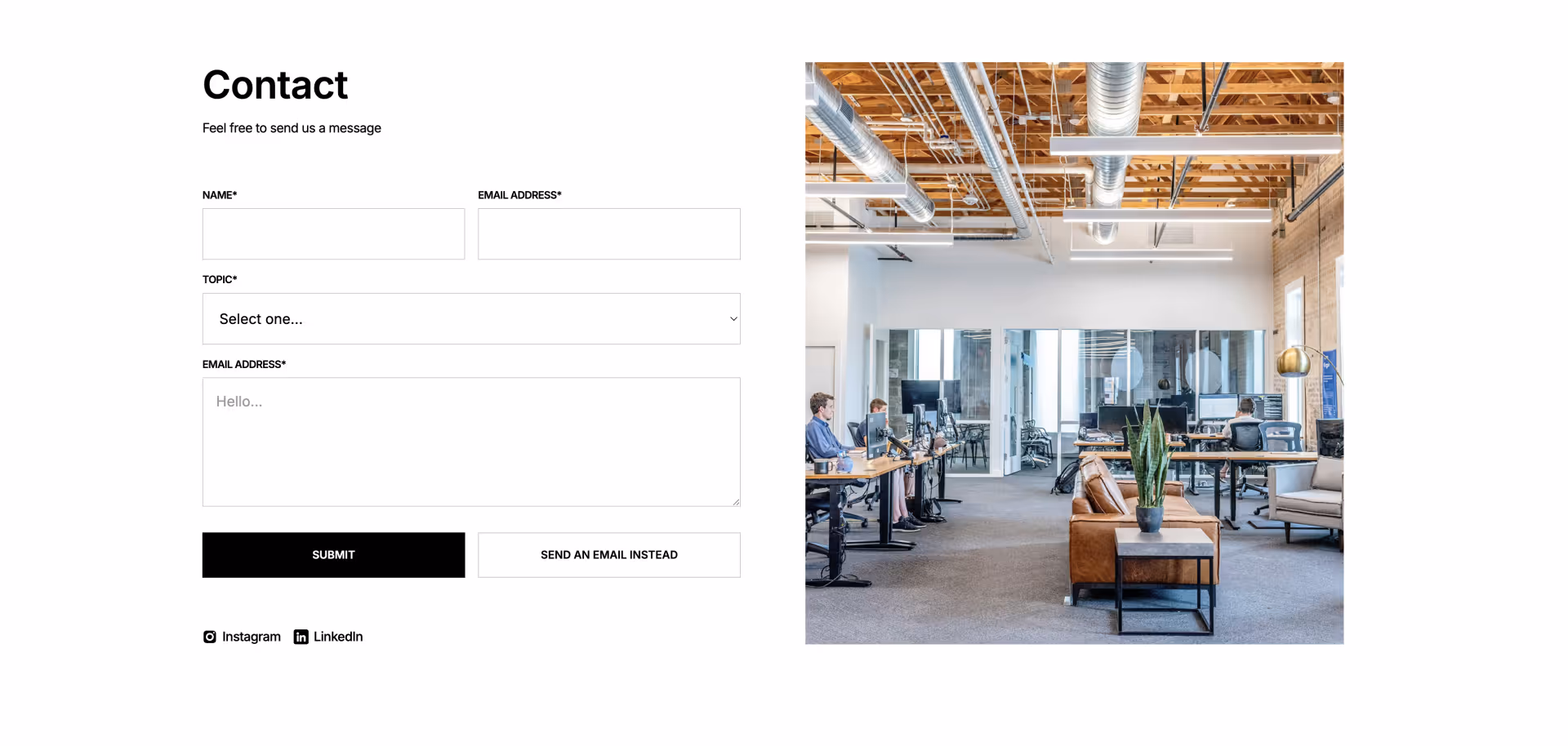Webflow contact form component with fields for name, email address, topic selection, and message, accompanied by a black preview section on the right displaying a placeholder image icon. Includes Submit button, alternative email option, and social media icons for Instagram and LinkedIn