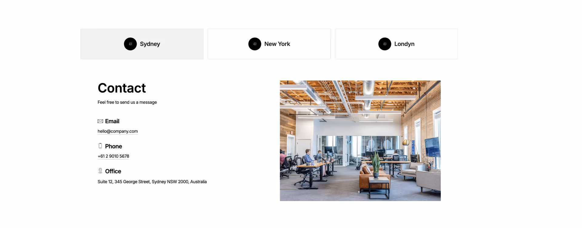 Clean and modern Webflow component with contact information tabs for Sydney, New York, and London, including email, phone number, and office address with a black image placeholder.
