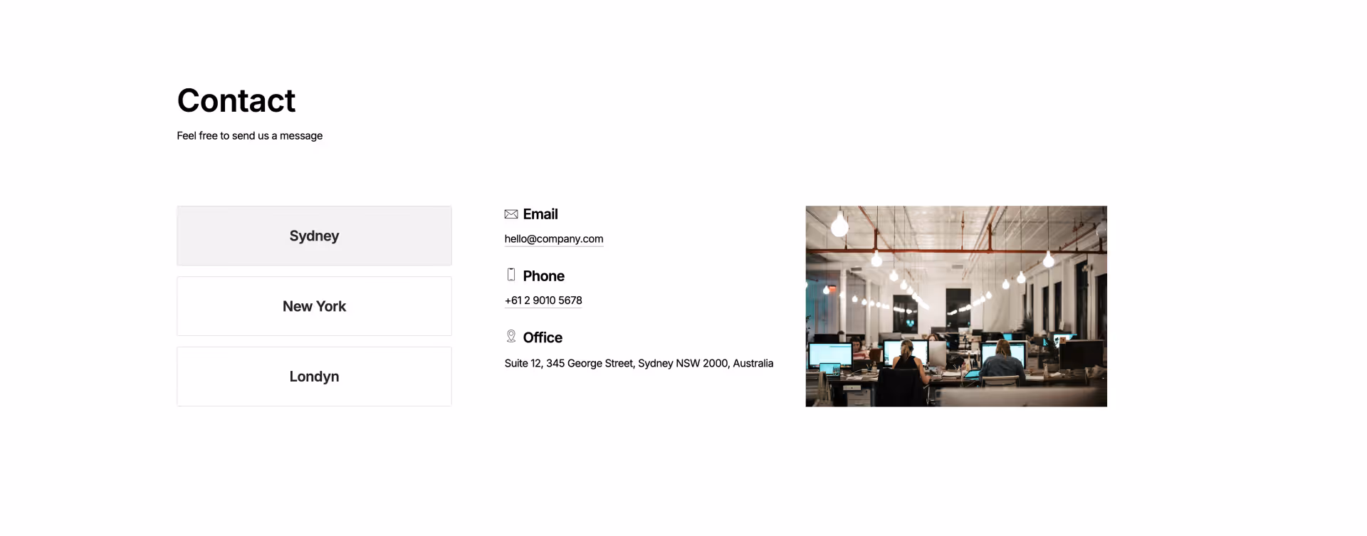 Minimal black and white Webflow component with location buttons (Sydney, New York, London) and contact details including email, phone, and office address; right side shows a black box with an image icon placeholder.