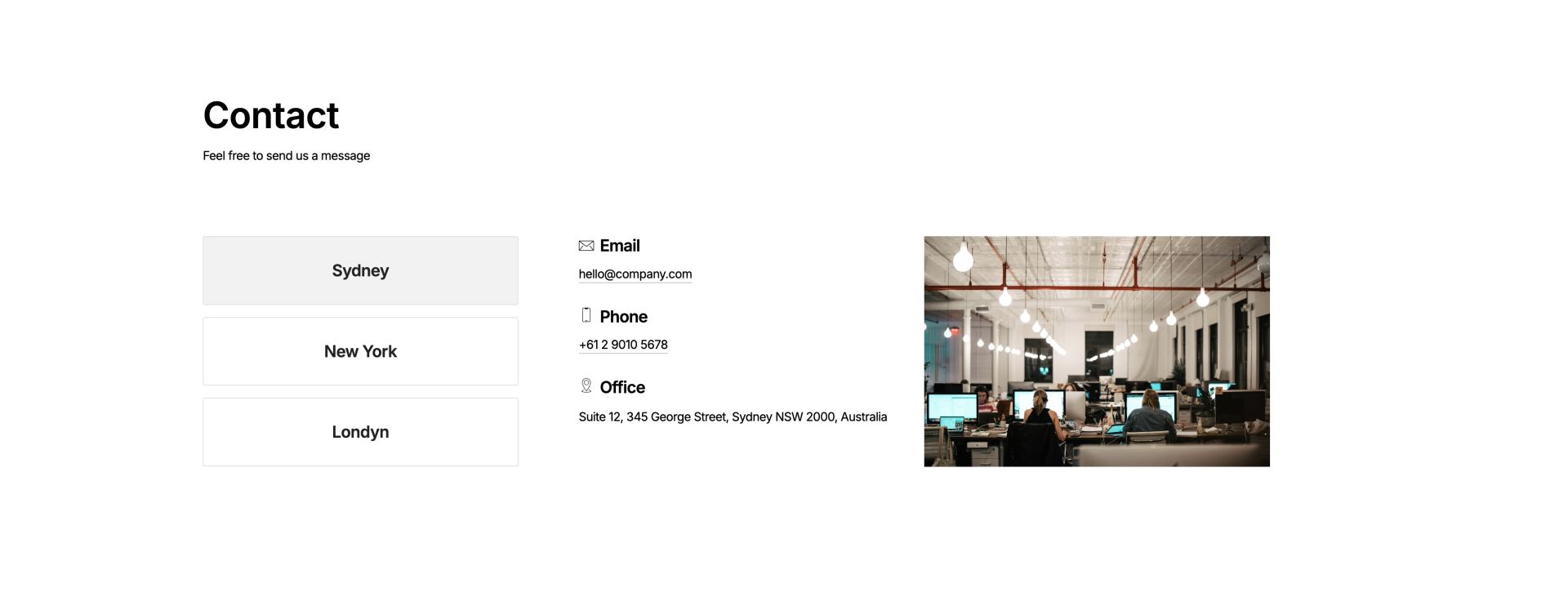 Minimal black and white Webflow component with location buttons (Sydney, New York, London) and contact details including email, phone, and office address; right side shows a black box with an image icon placeholder.